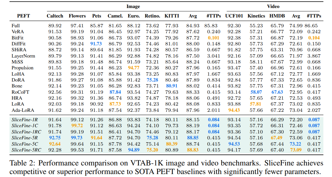 Table 2: Vision and Video results (VTAB-1K)