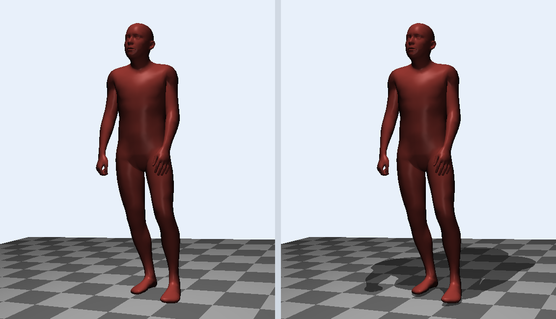 The same pose and ground plane rendered without and with a projected shadow