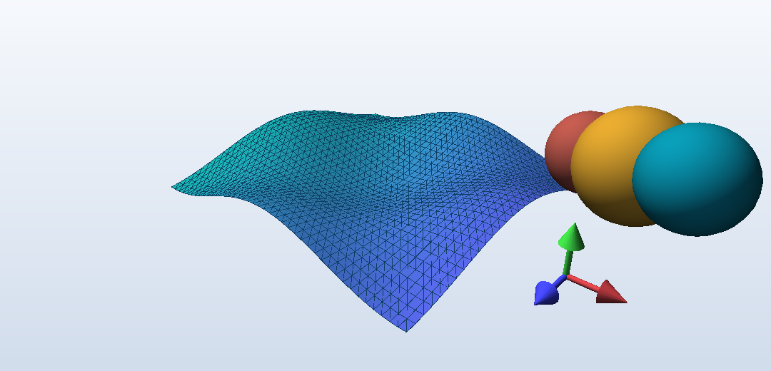 An arbitrary shaded and wireframe mesh rendered with spheres, cylinders, and a coordinate frame