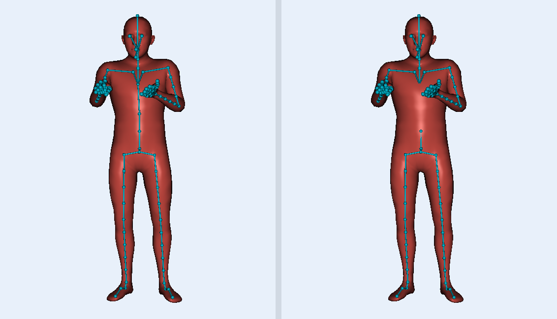 An always-on-top skeleton compared with a depth-aware skeleton overlay