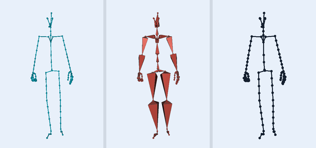 Three skeleton styles shown with varied poses