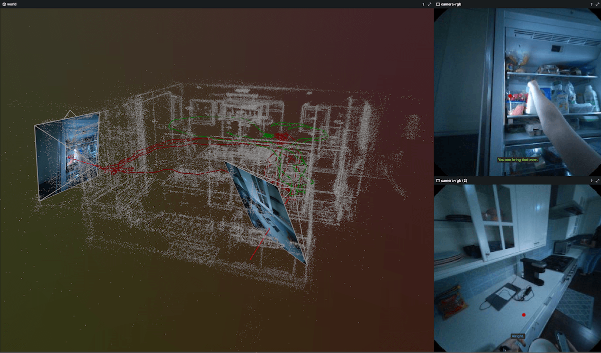Image of point cloud of a room with trajectories and RGB frames from specific parts of the map