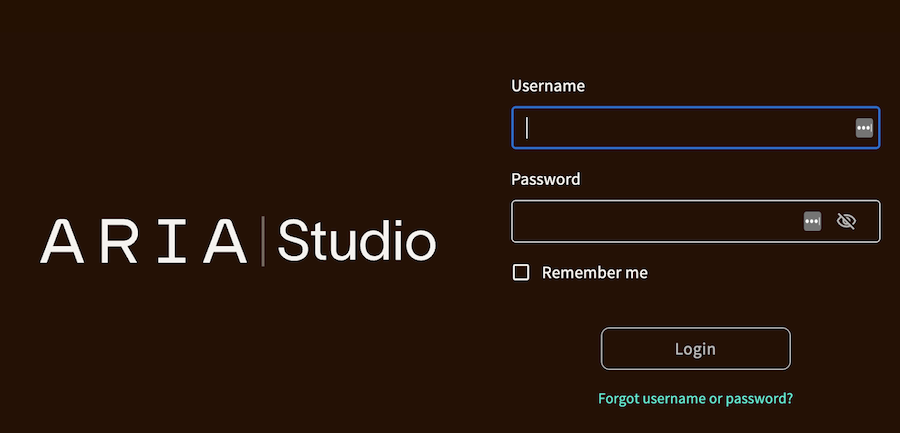 Aria Studio login screen