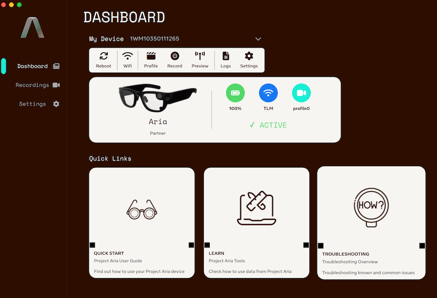 Dashboard of Aria Desktop App