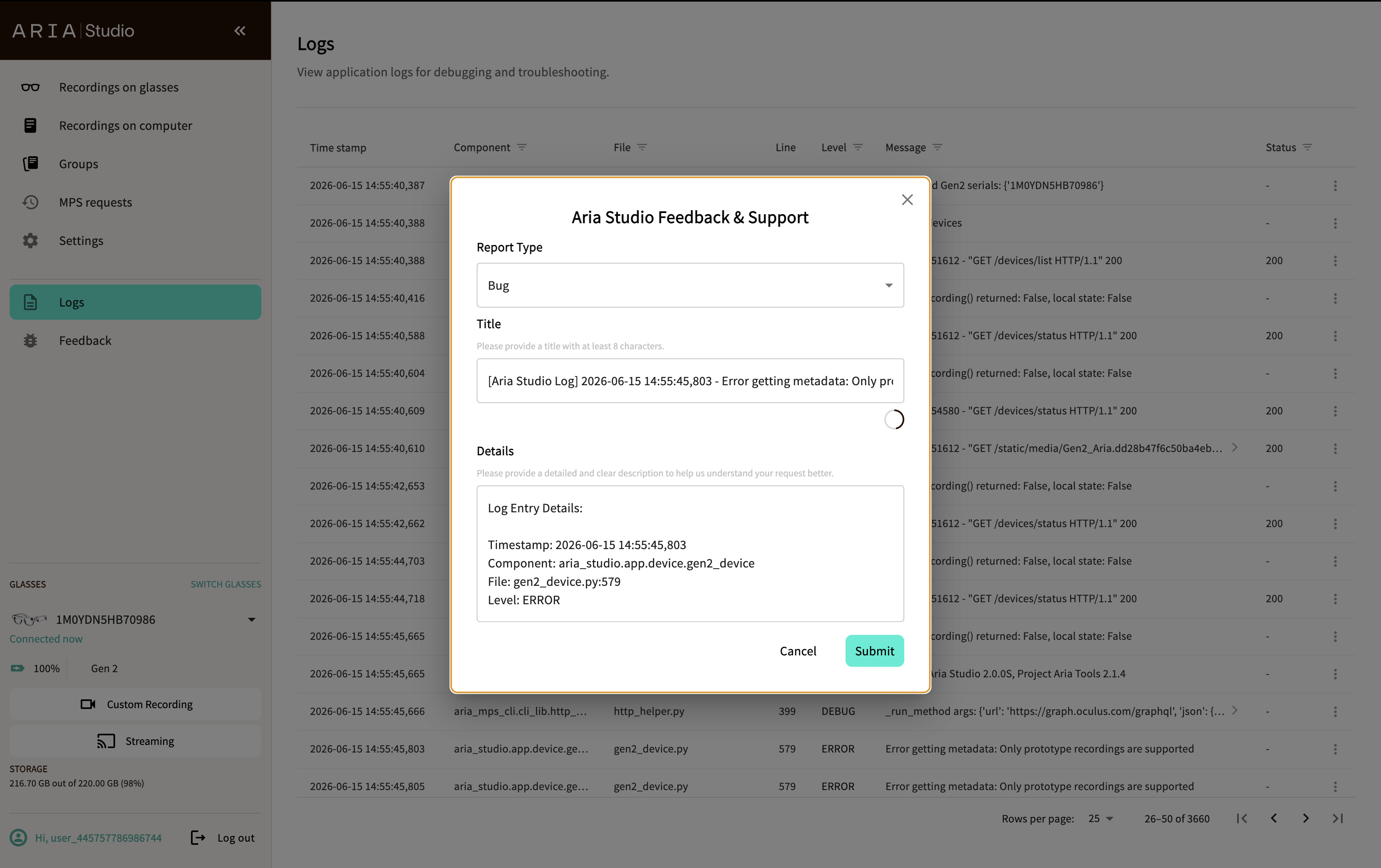 Aria Studio Feedback &amp; Support dialog