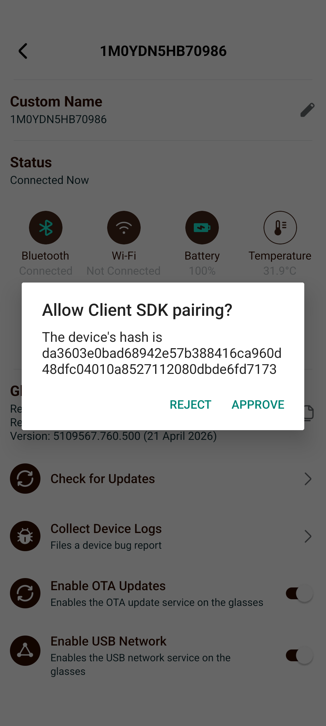 Confirmation dialog in the Aria Companion App