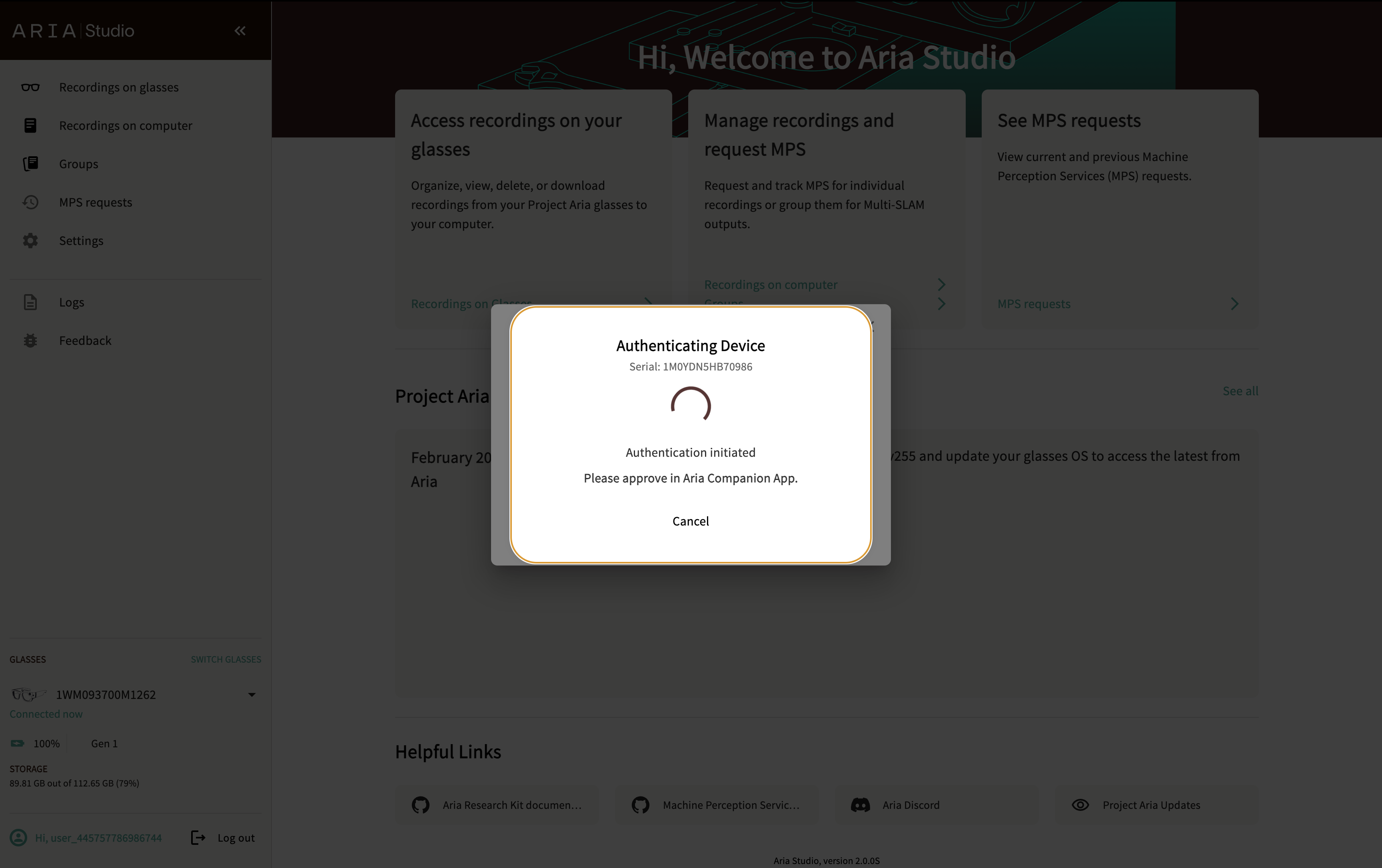 Authentication dialog — "Please approve in Aria Companion App"