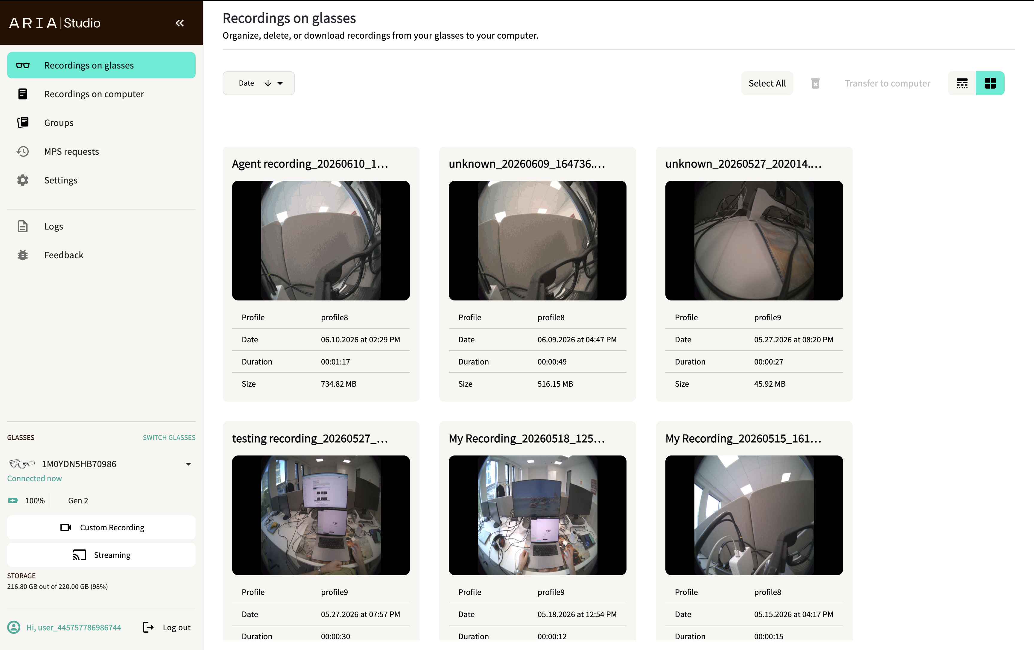 Sidebar showing connected Gen 2 device info