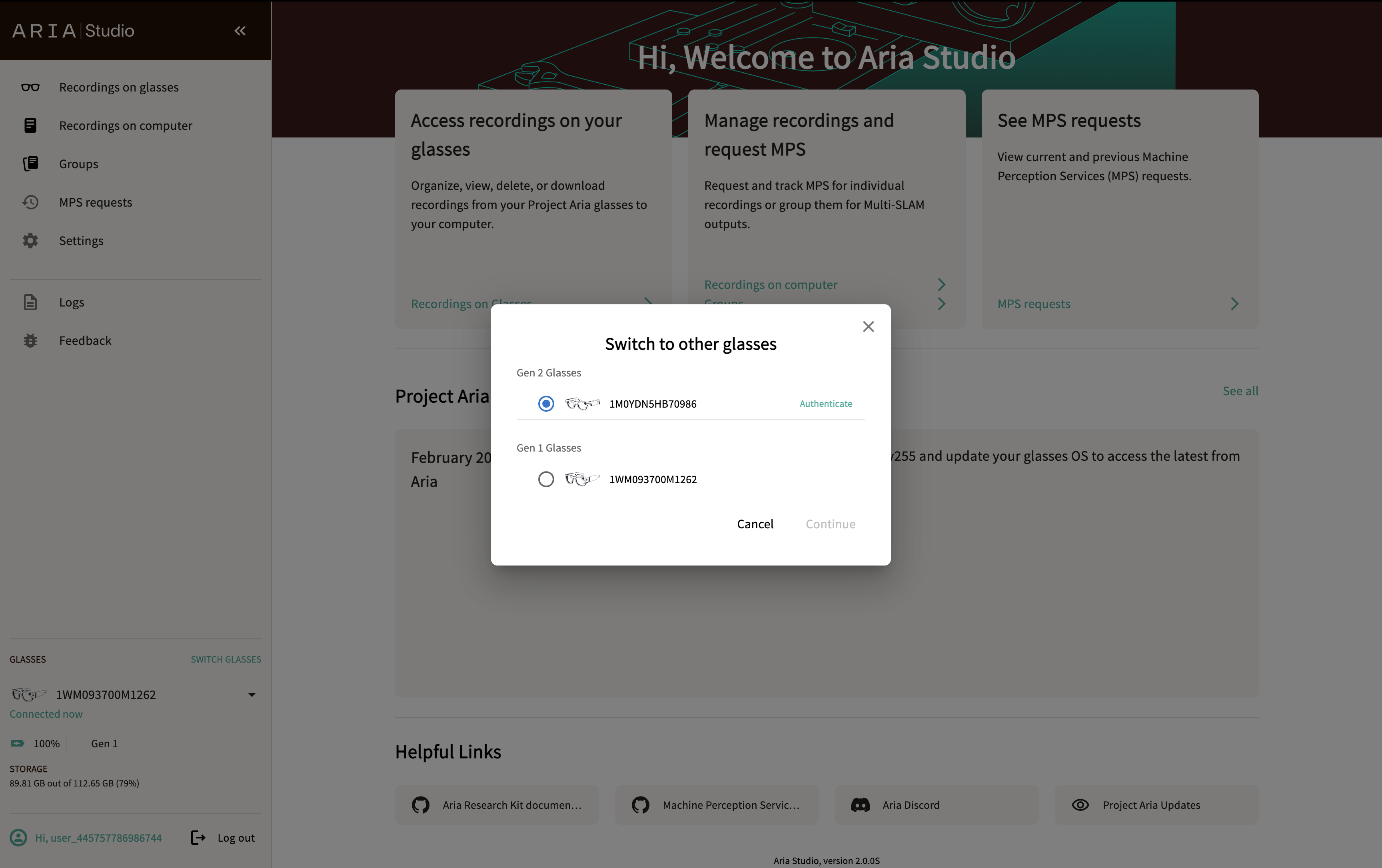Switch to other glasses dialog showing an unauthenticated Gen 2 device with an Authenticate link