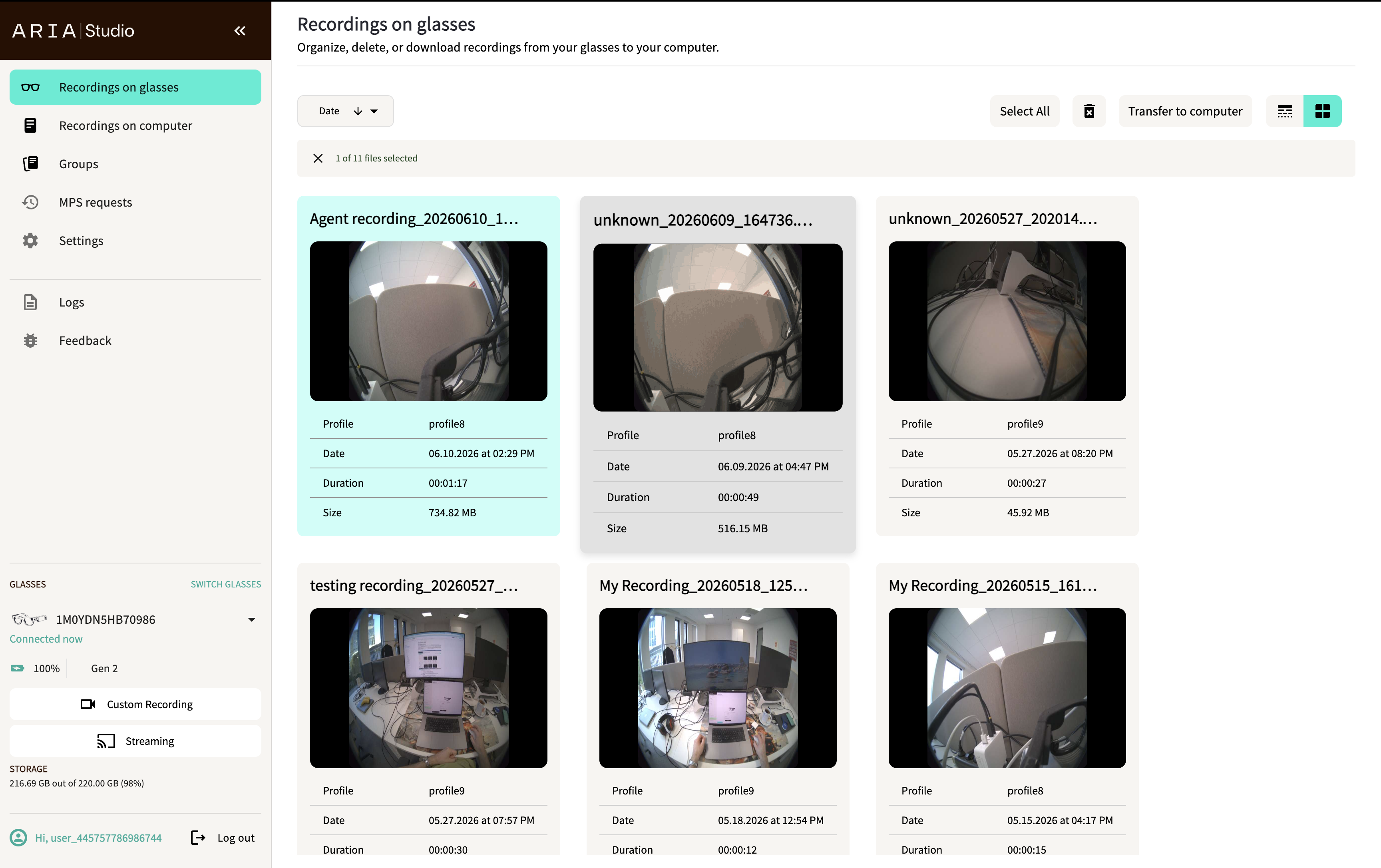 Recordings on Glasses page in grid view