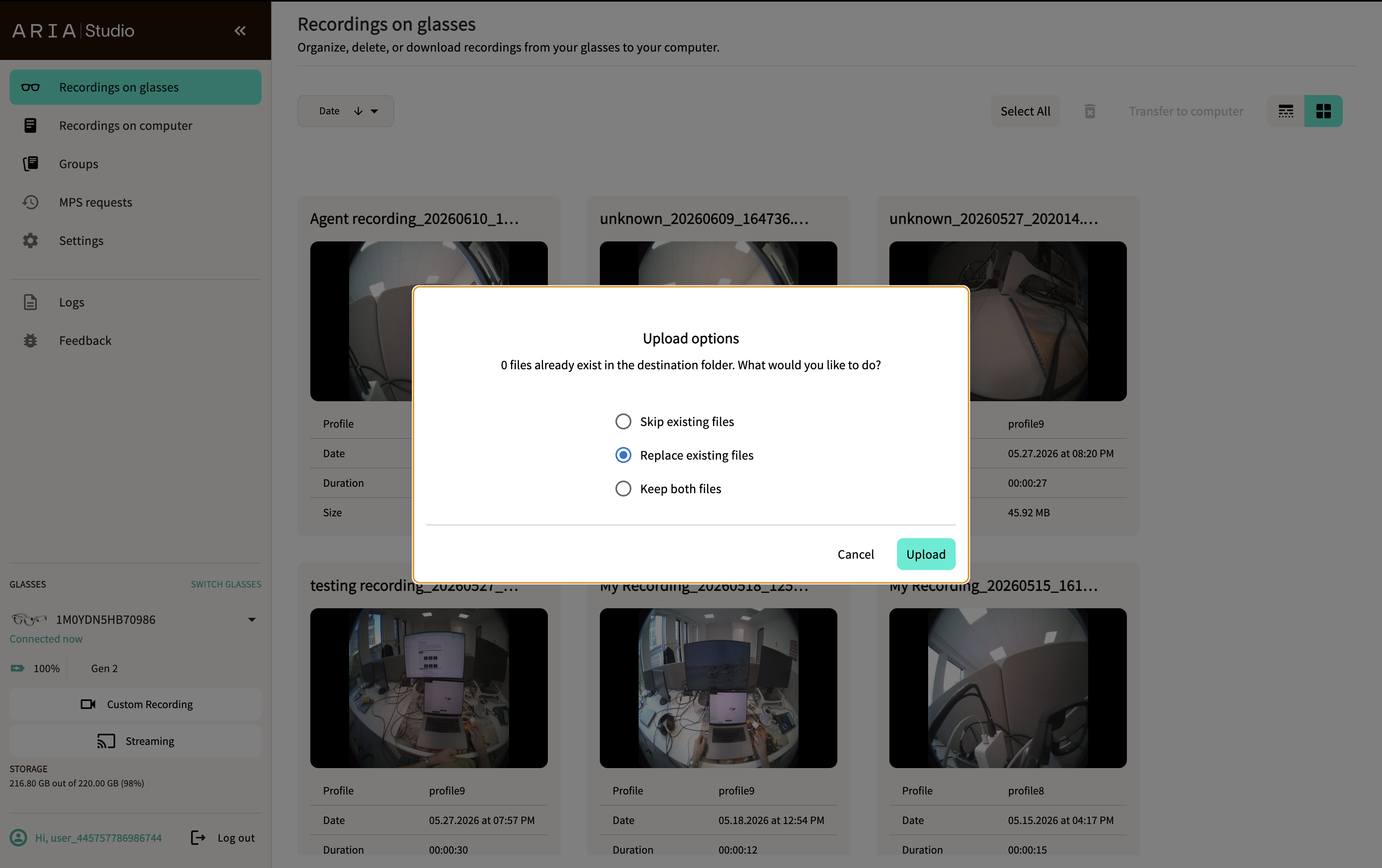Upload options dialog