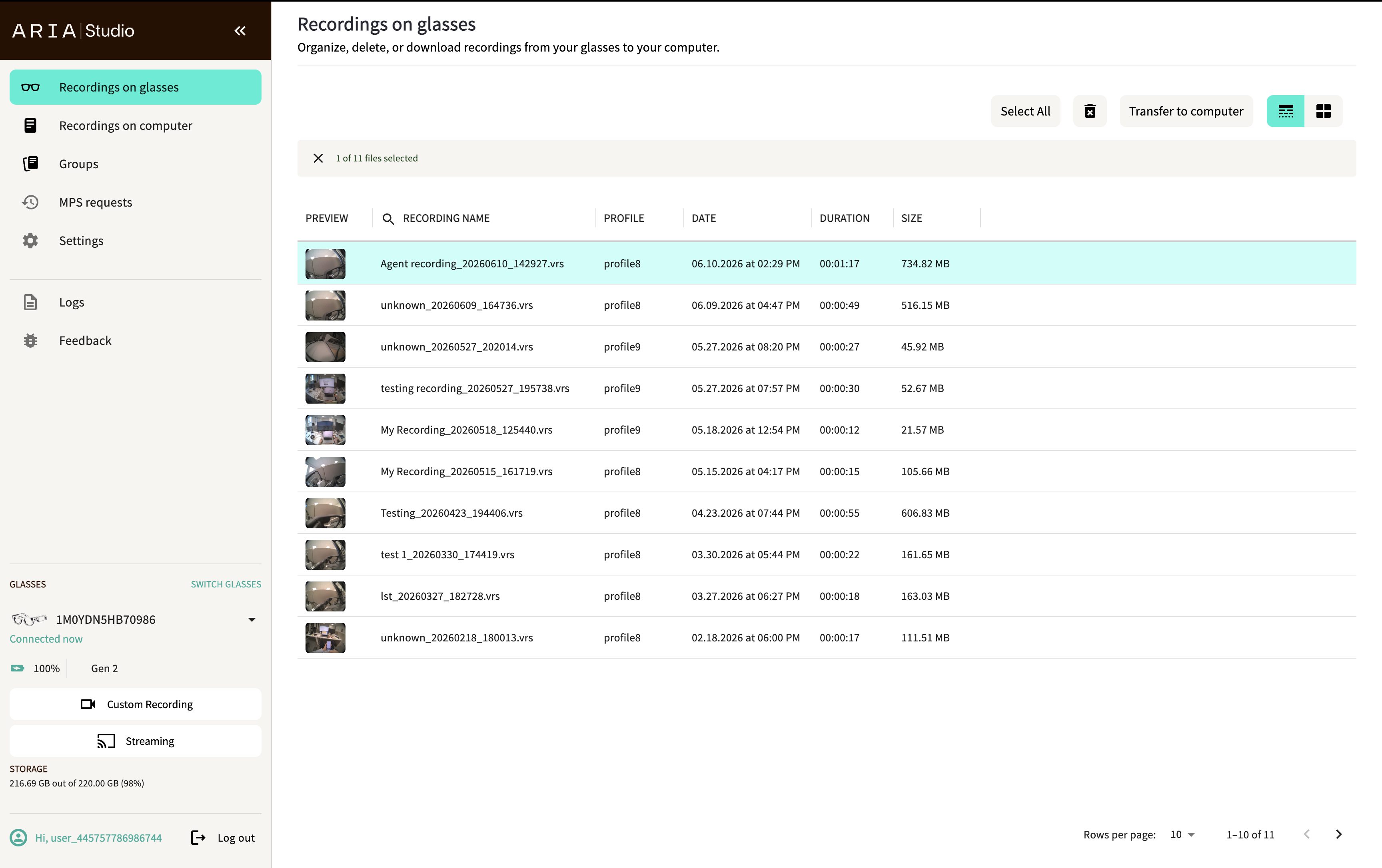 List view of recordings on glasses