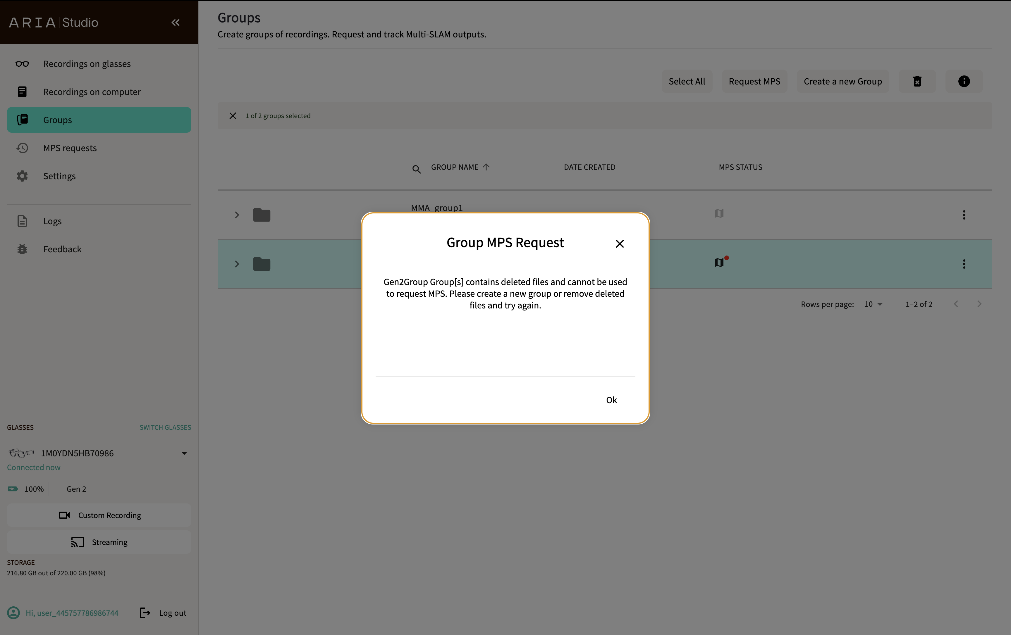 Error — group contains deleted files