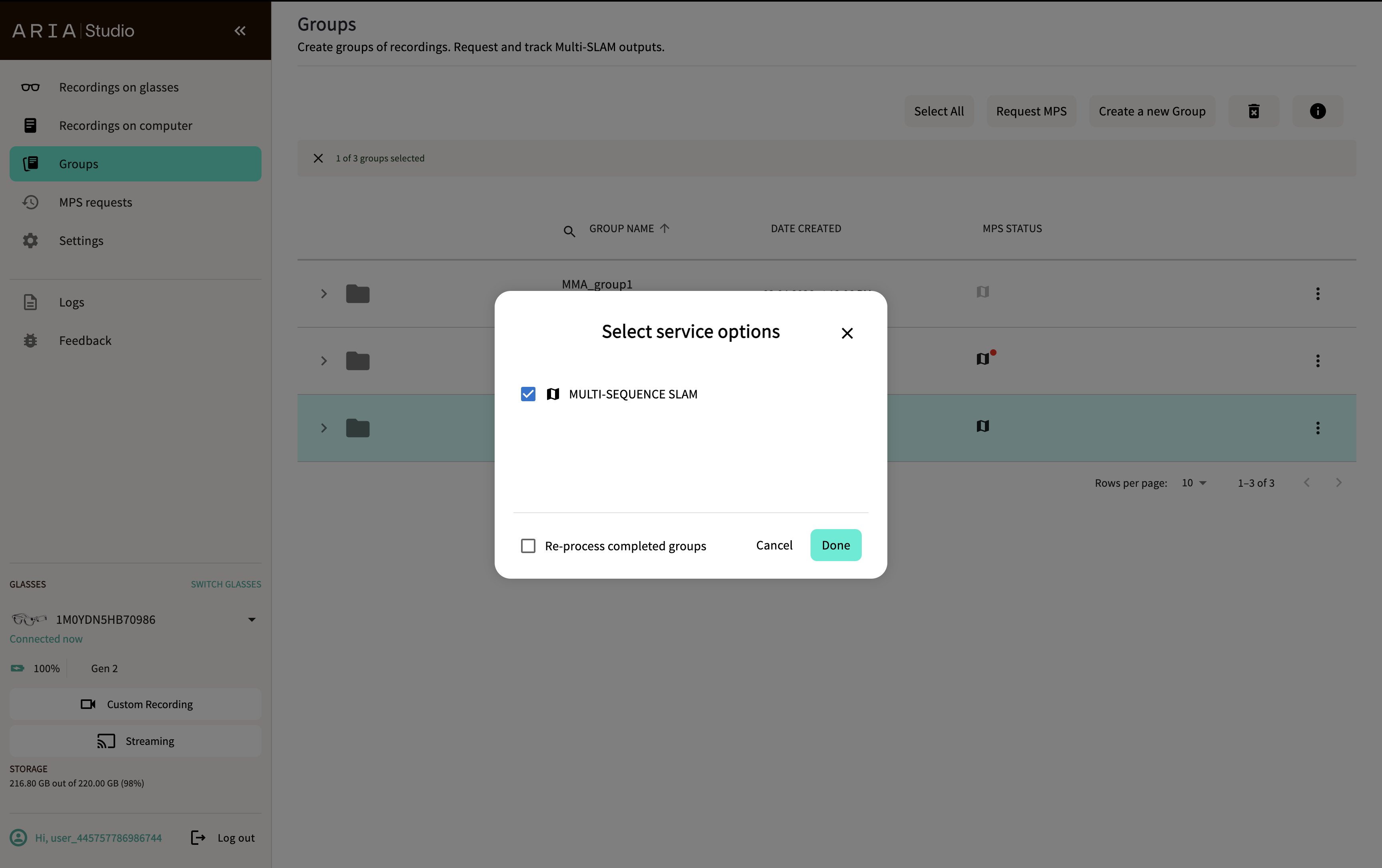 Select service options dialog for groups