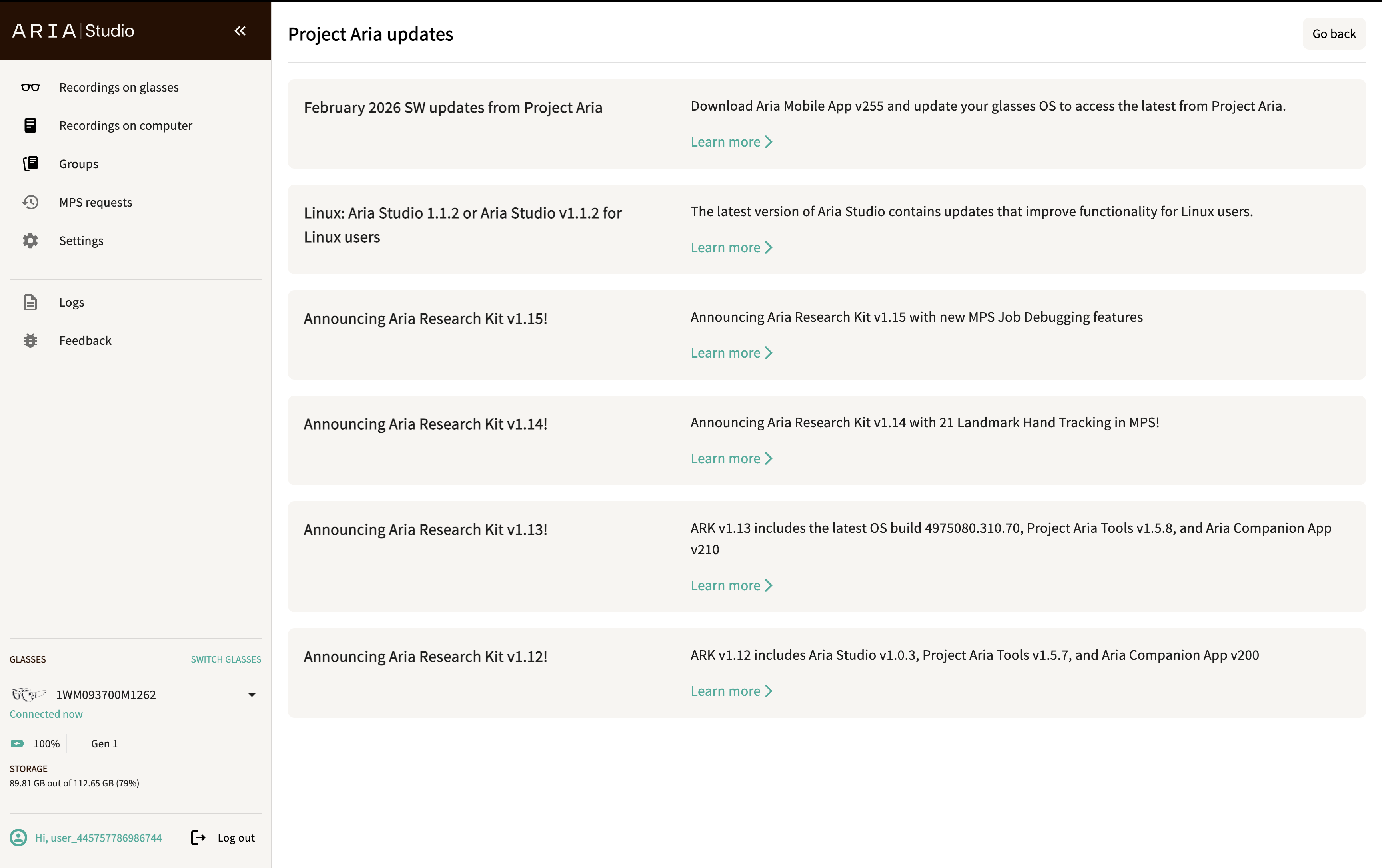 Project Aria updates page listing all announcements