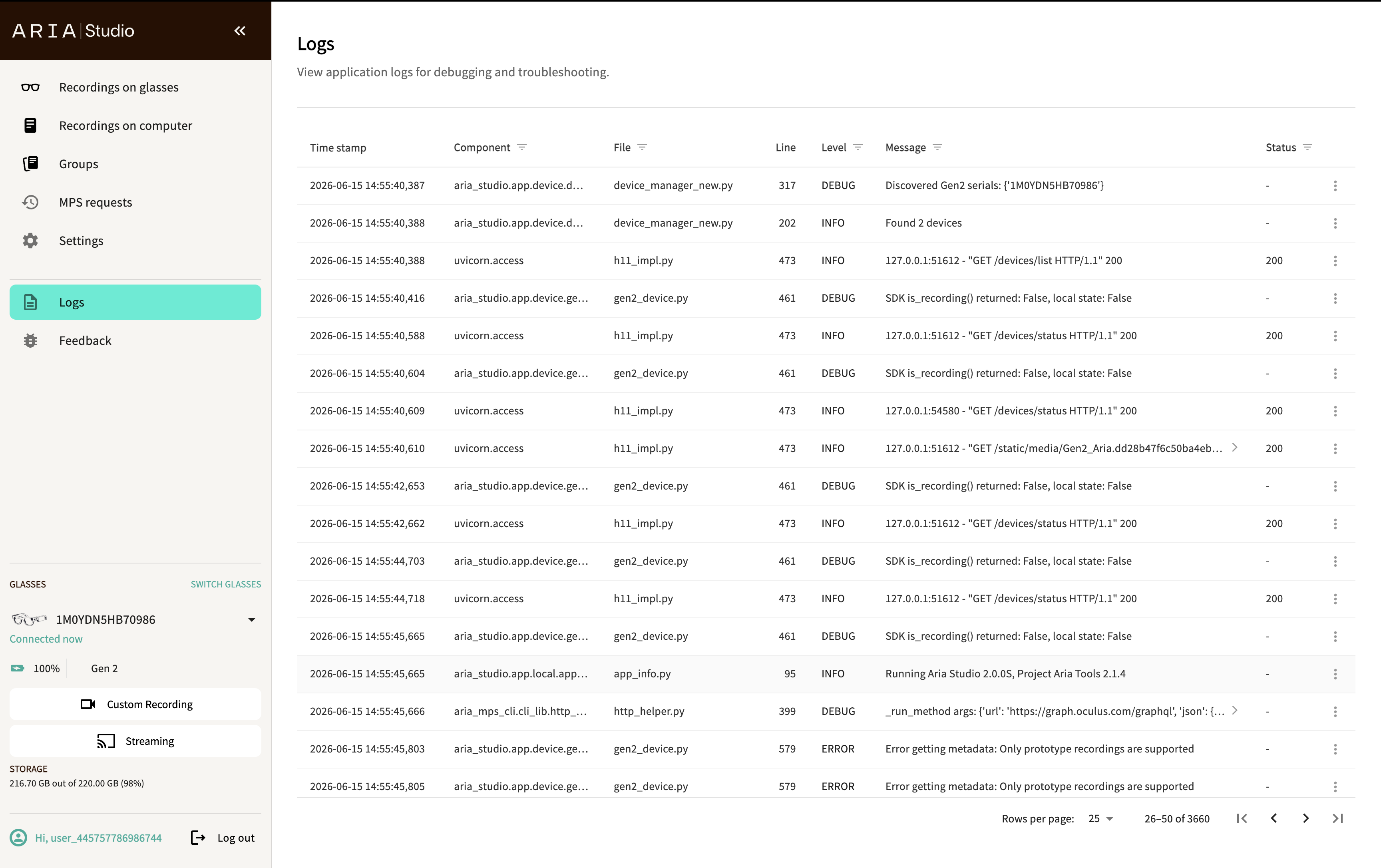 Logs page