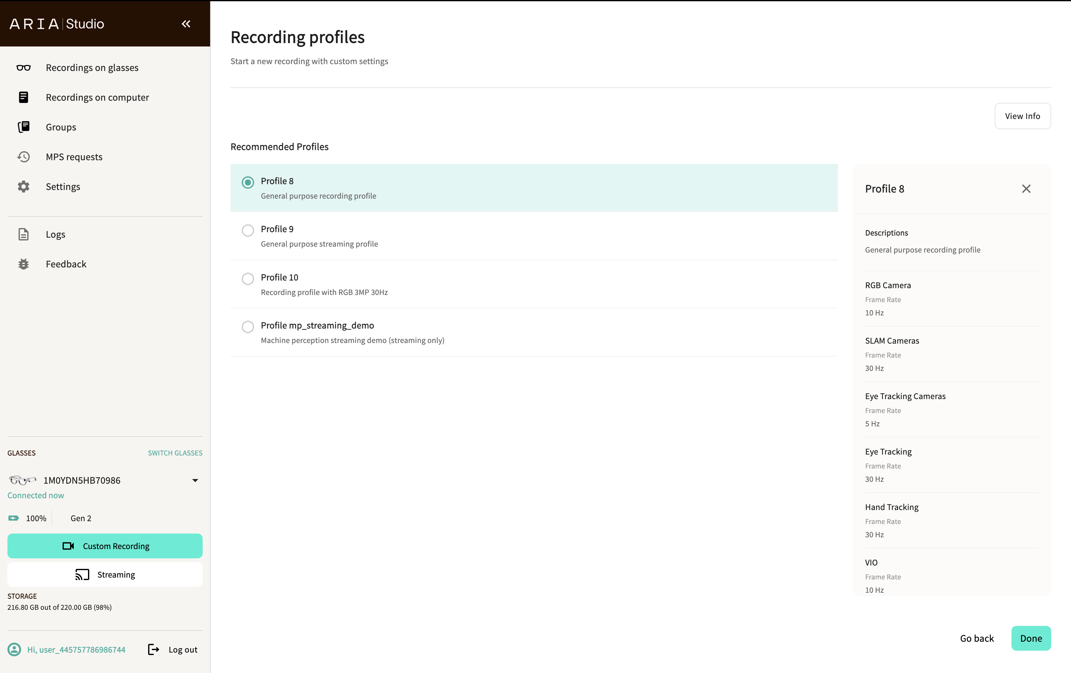 Recording profiles page