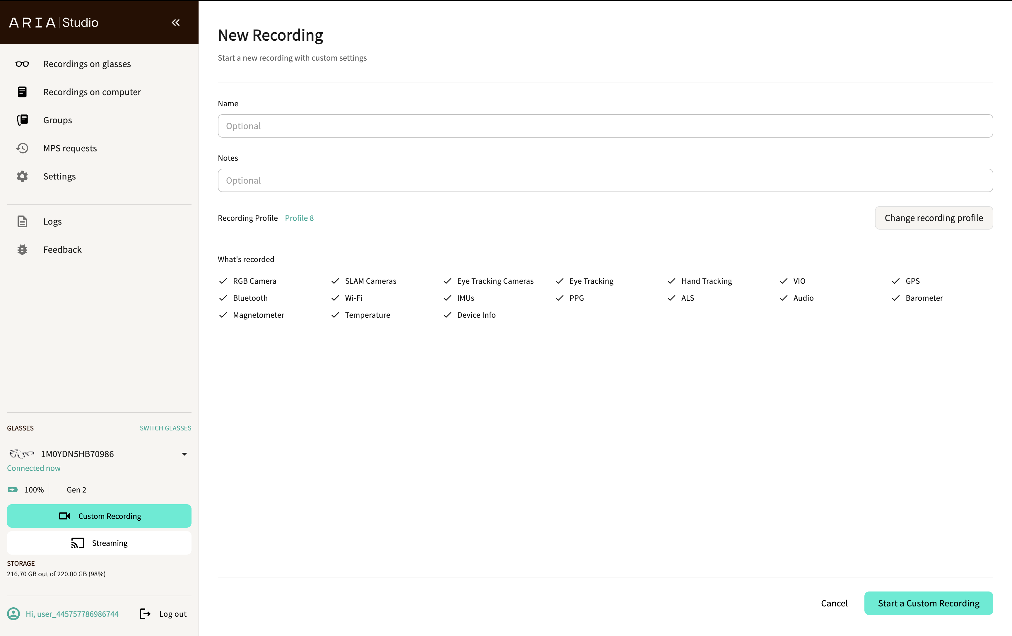 New Recording page