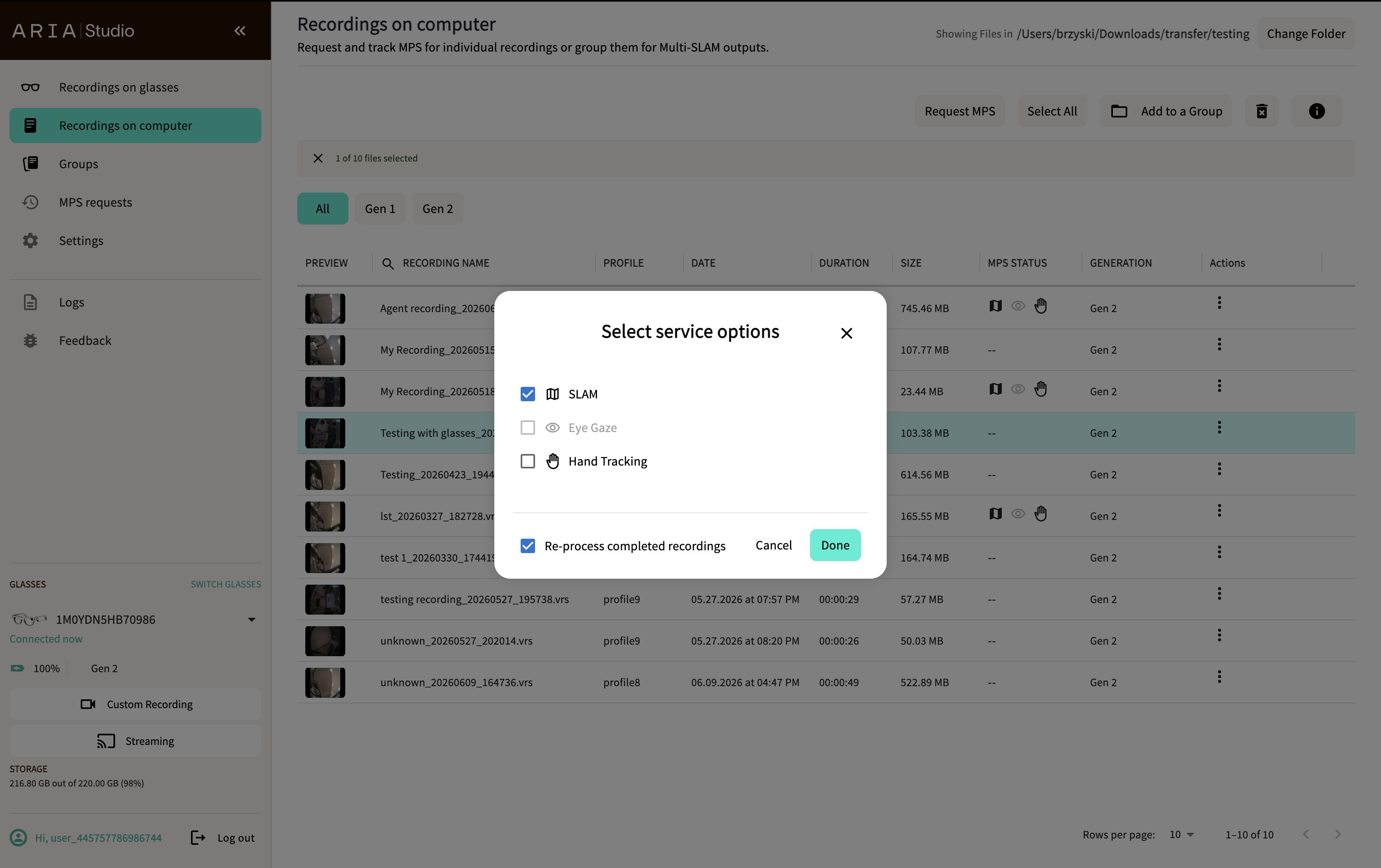 Select service options dialog