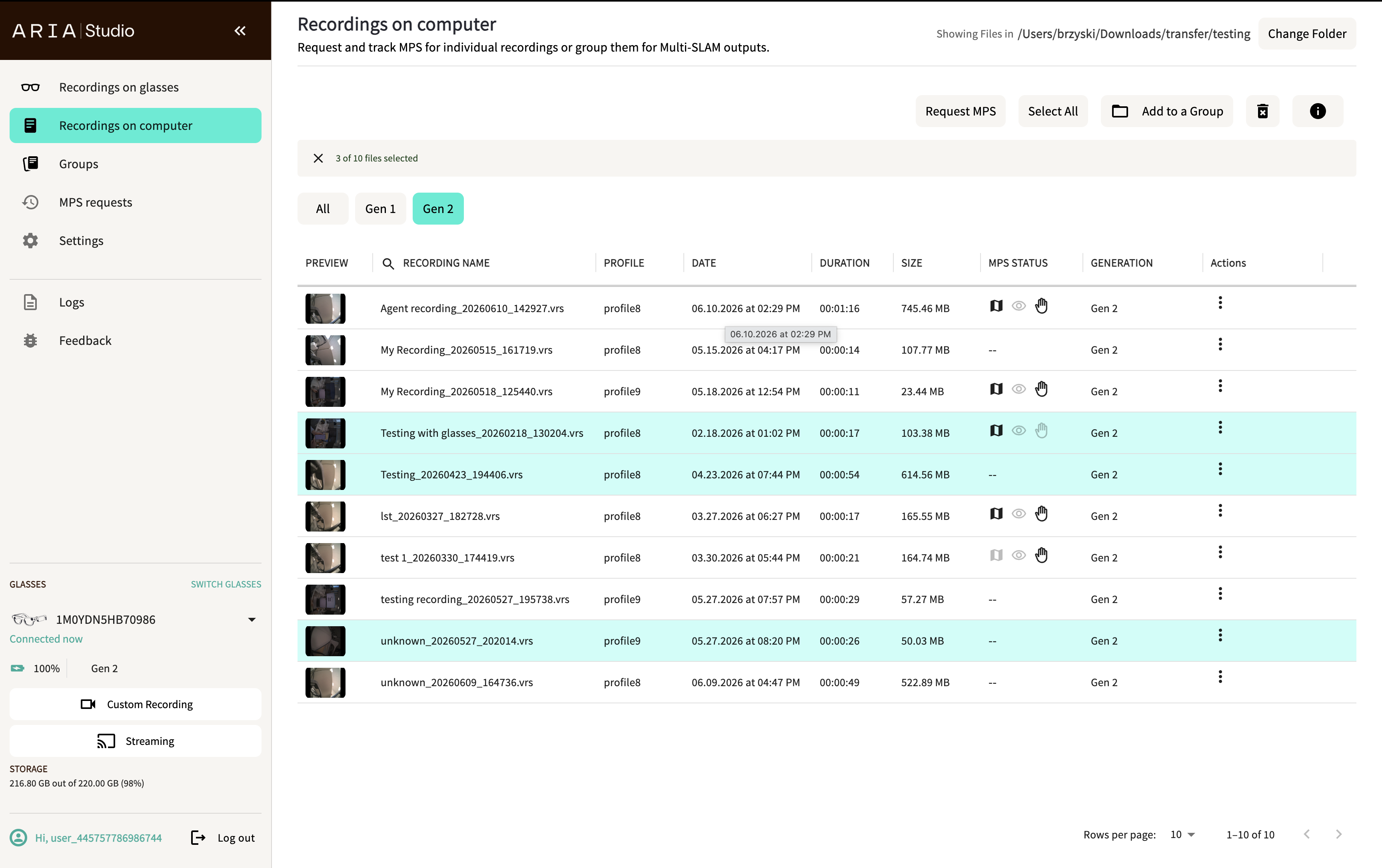 Recordings on Computer page