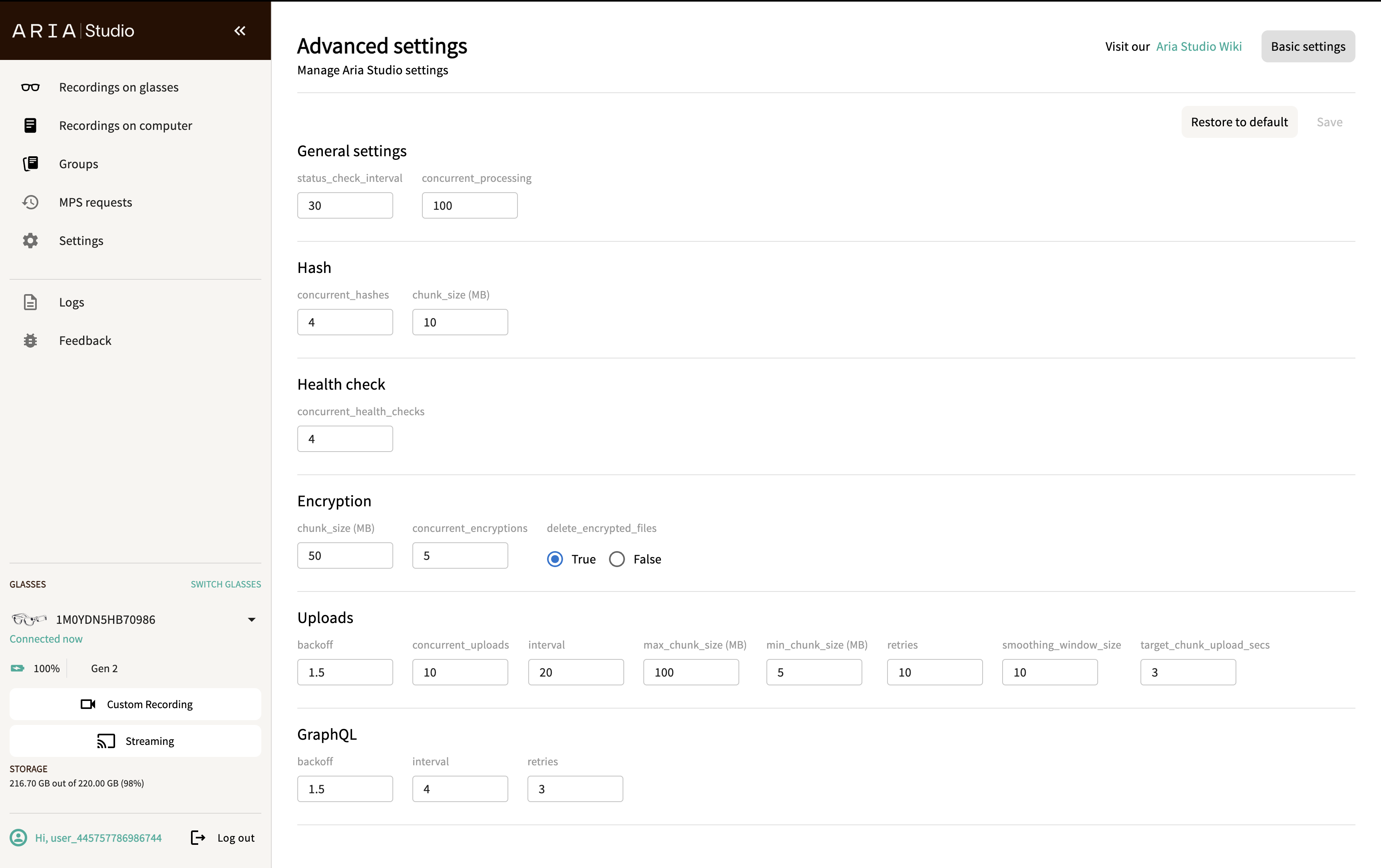 Advanced Settings page