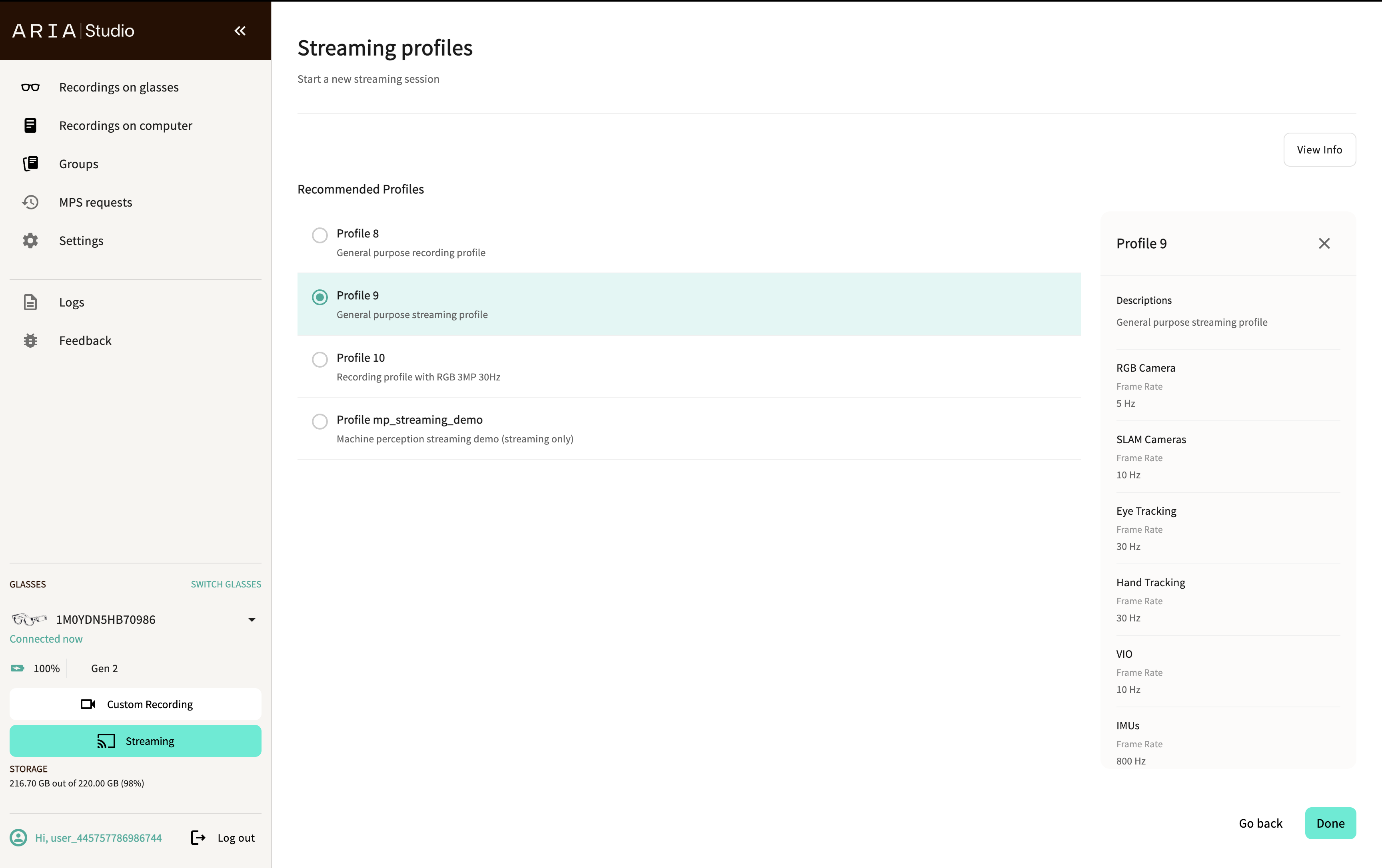 Streaming profiles page
