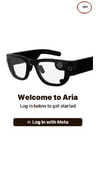 Aria Companion App Welcome screen — tap the glasses icon in the top-right corner to start AR Fitment