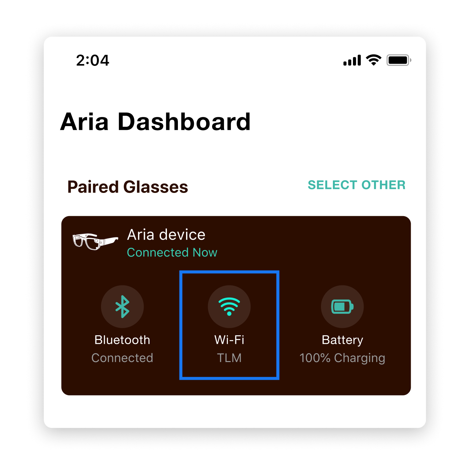 Project Aria Mobile Companion App Dashboard, showing where the Wi-Fi setting is