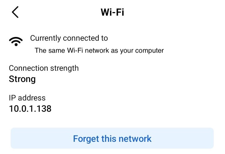 Wi-Fi settings screen, showing IP address